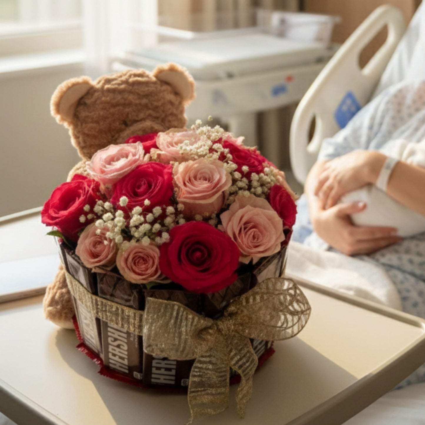Sweet Bloom Hug | Roses, Teddy & Hershey Chocolate Basket – Zulove Puerto Rico