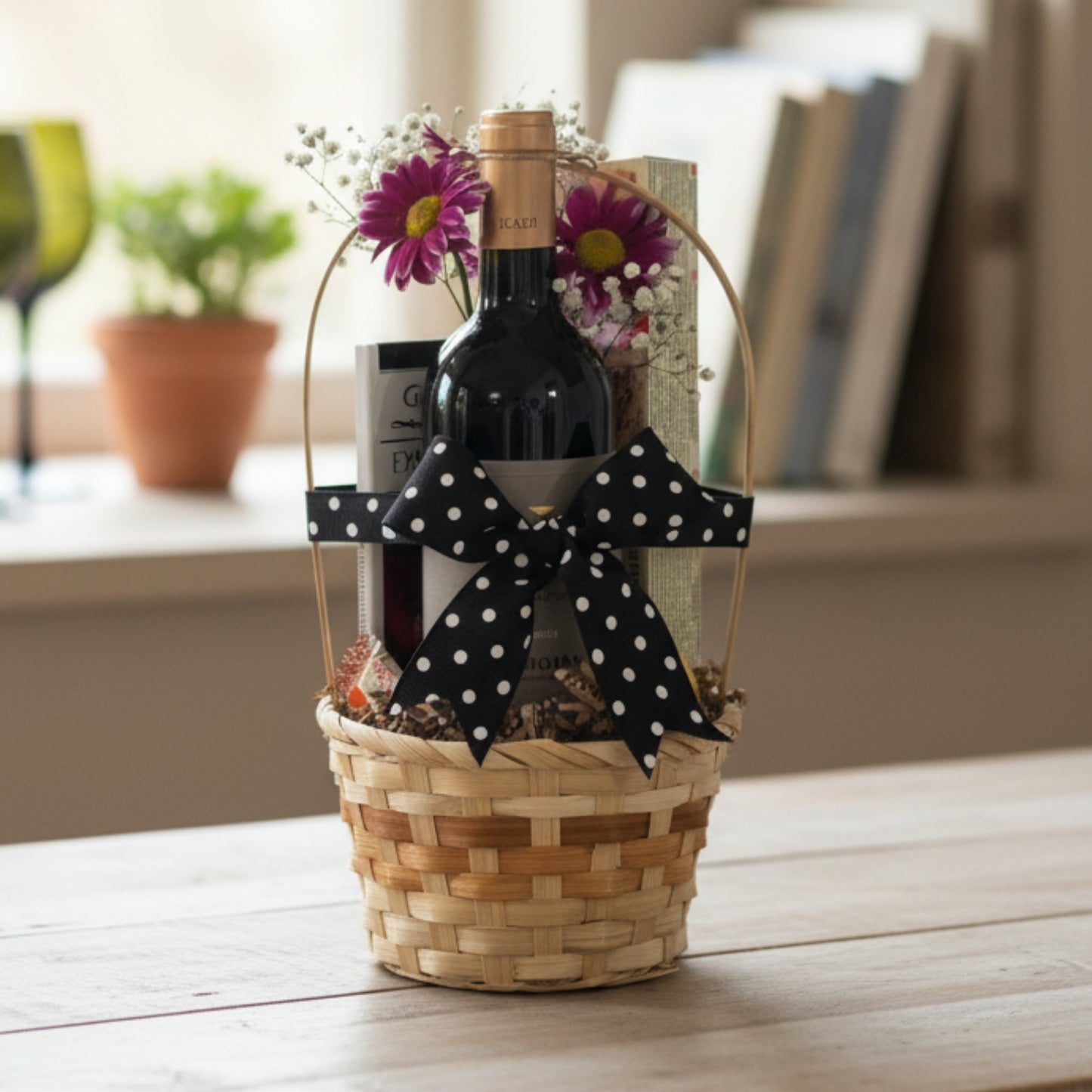 Momento Clásico – Canasta de Vino, Galletas y Chocolate