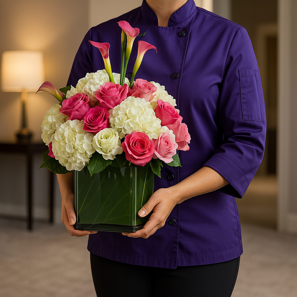 Air of Delicacy – Floral Arrangement with Roses, Orchids & Callas in Crystal Vase