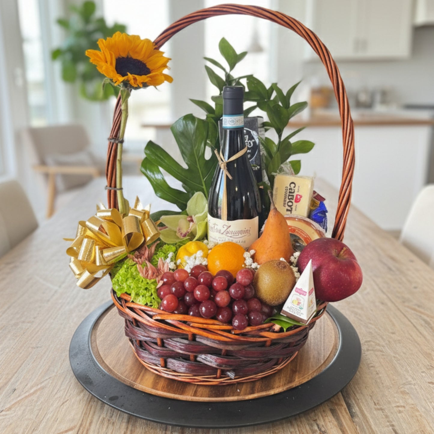 Charming Harvest – Basket with Wine, Fruits & Flowers