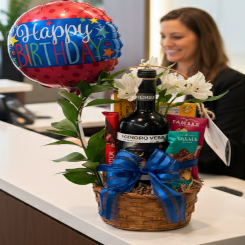 canasta regalo cumpleaños vino galletas nueces chocolate flores globo zulove puerto rico