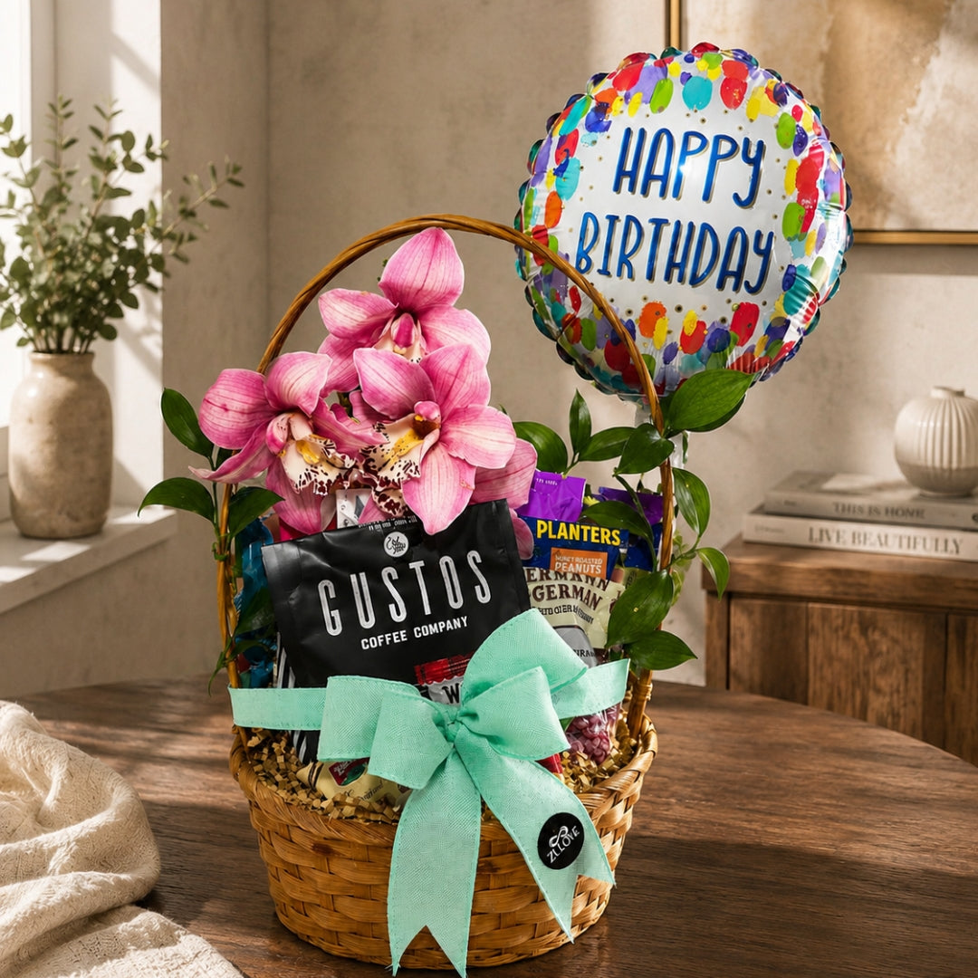 Bloom & Coffee Essence – Canasta de Café Gourmet con Orquídea