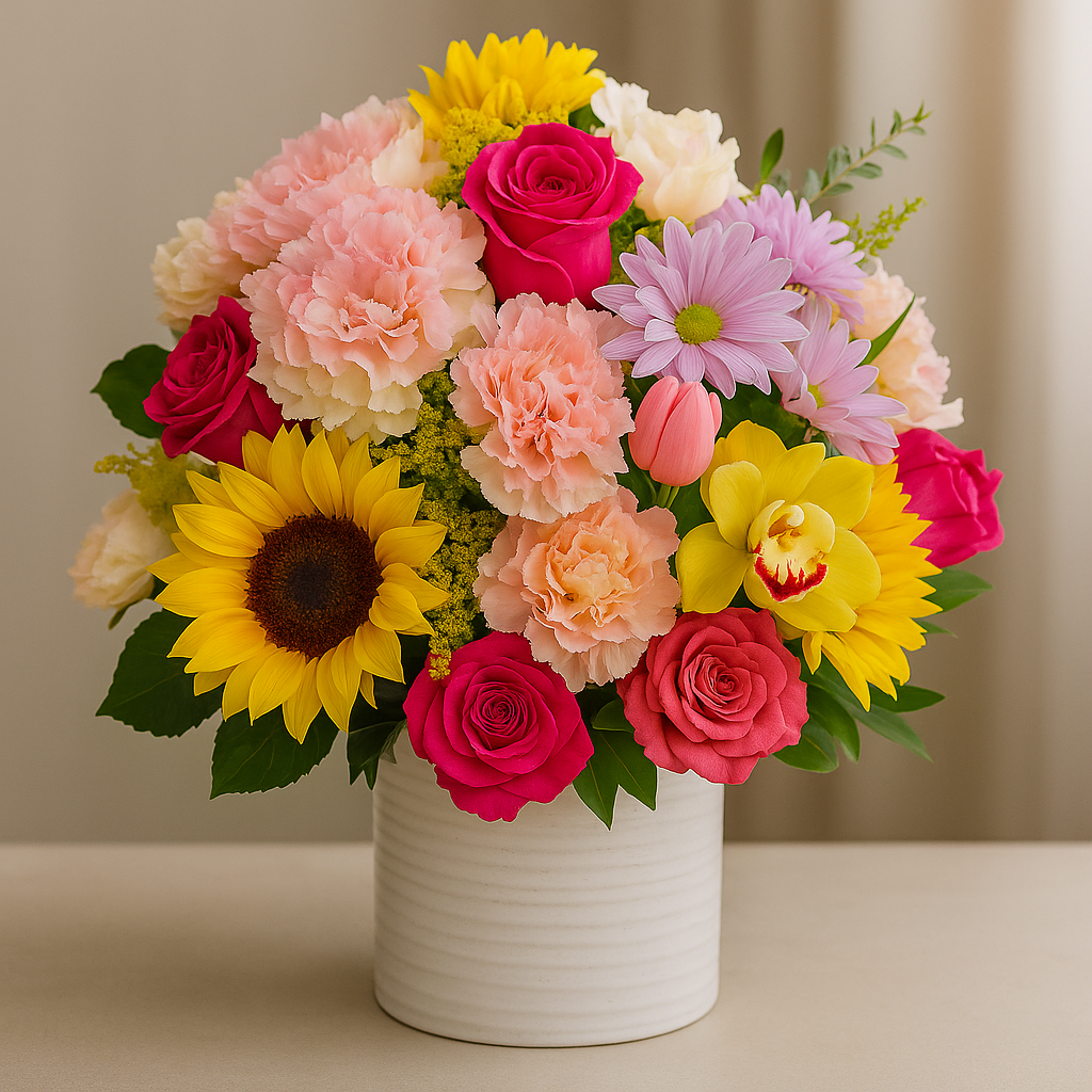 Burst of Joy – Multicolor Floral Arrangement in White Base