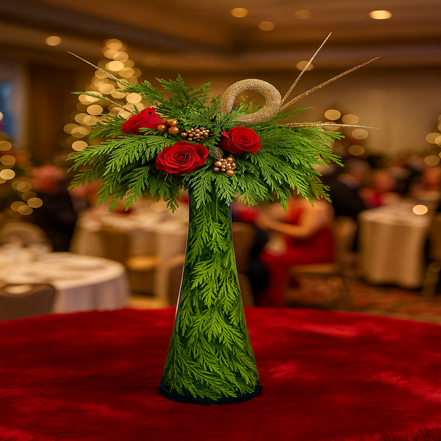 Centro de mesa navideño con follaje de pino, rosas rojas y detalles dorados en florero de cristal – Zulove