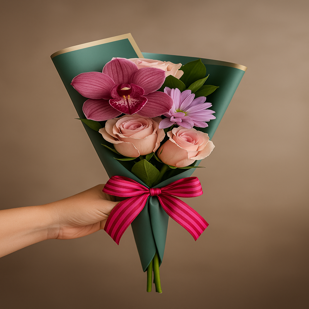 Charming Solitary – Orchid, Rose & Daisy Mini Bouquet