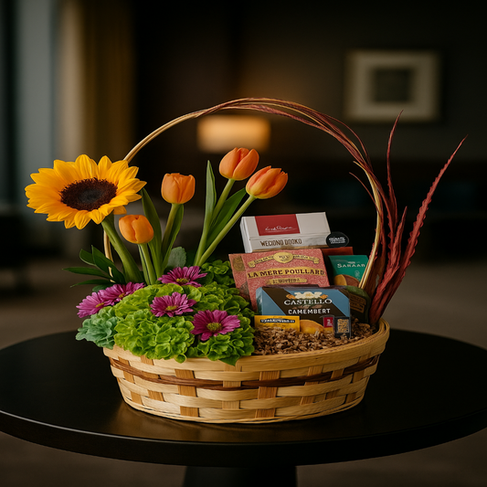 non alcoholic gourmet basket cheese nuts crackers flowers zulove puerto rico