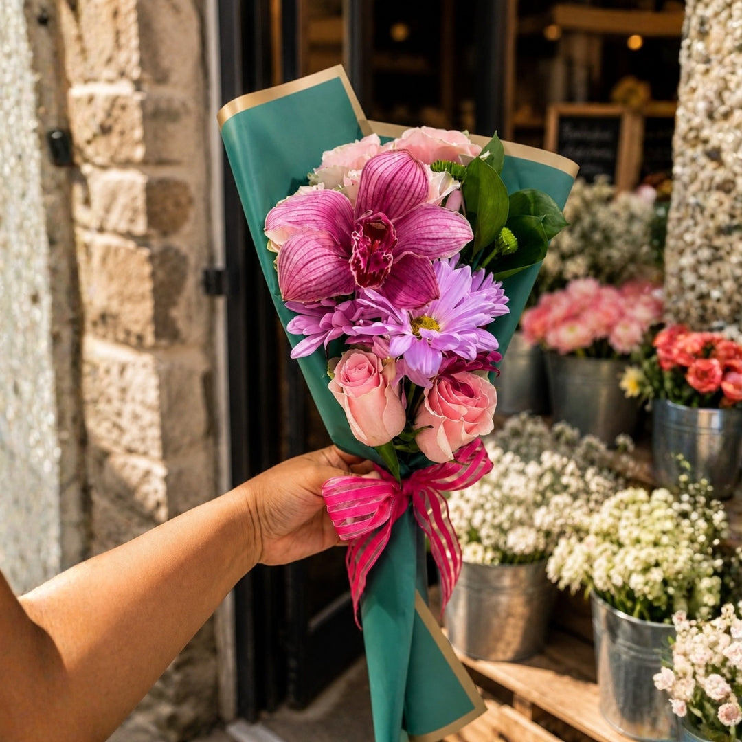 Charming Solitary – Orchid, Rose & Daisy Mini Bouquet