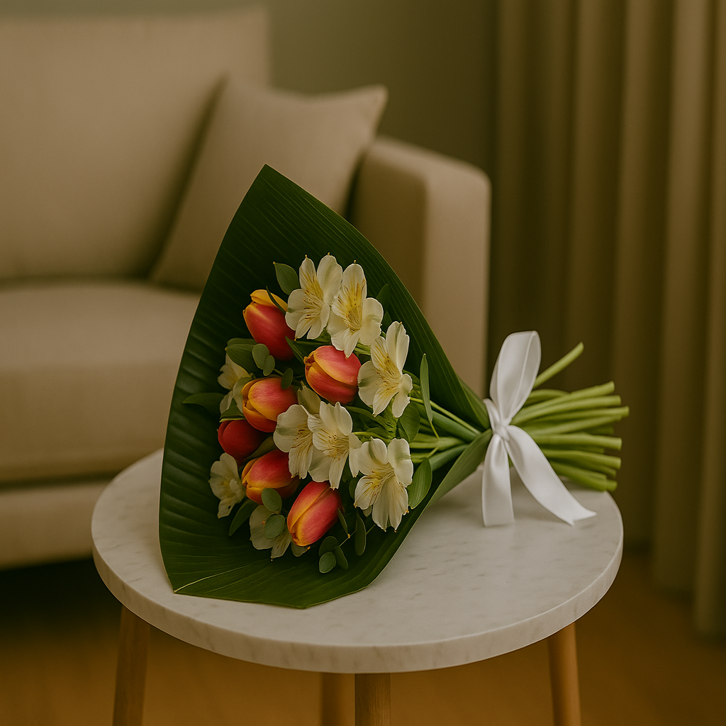 Natural Elegance I – Tulips & Alstroemerias Wrapped in Greenery