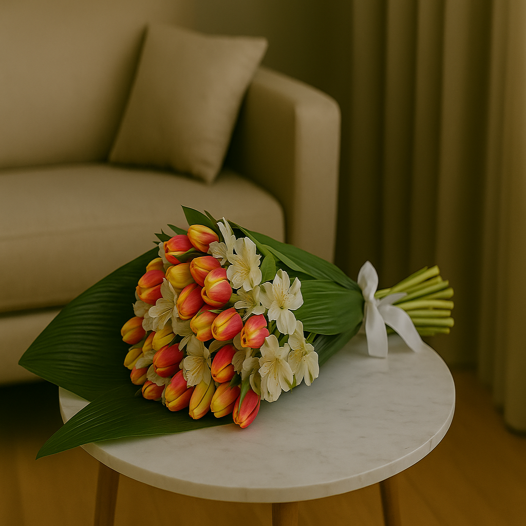 Natural Elegance I – Tulips & Alstroemerias Wrapped in Greenery
