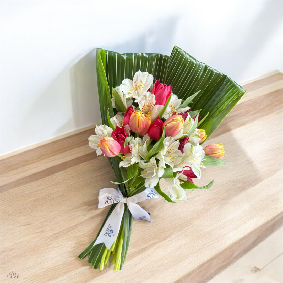 Natural Elegance I – Tulips & Alstroemerias Wrapped in Greenery