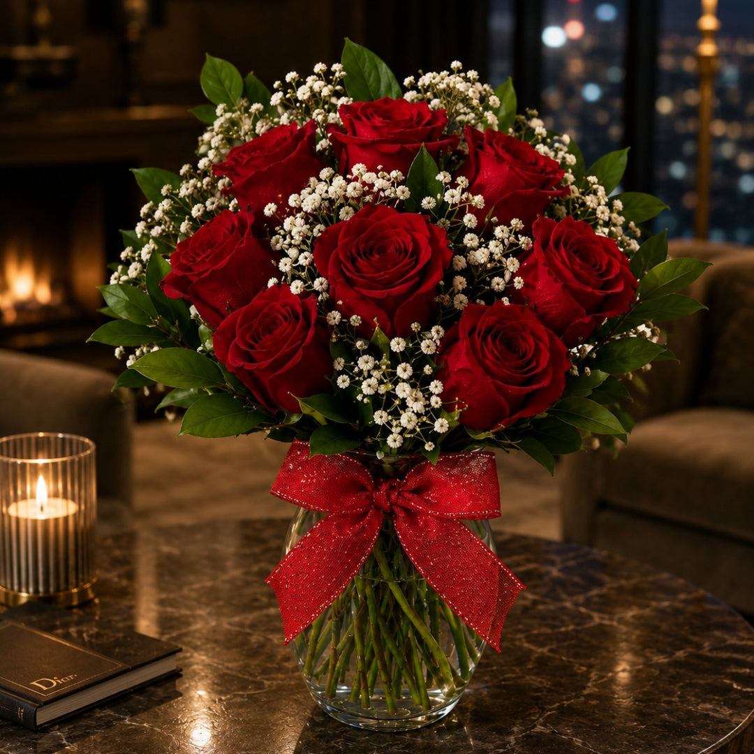 Endless Love in Glass - Roses & Crystal Vase with Foliage