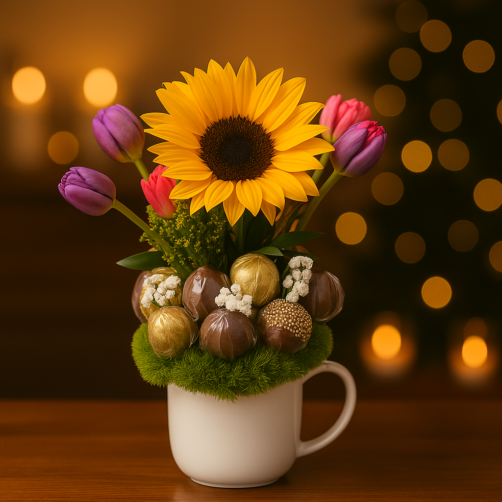 Golden Bloom Mug – Girasol, Tulipanes y Fresas con Chocolate