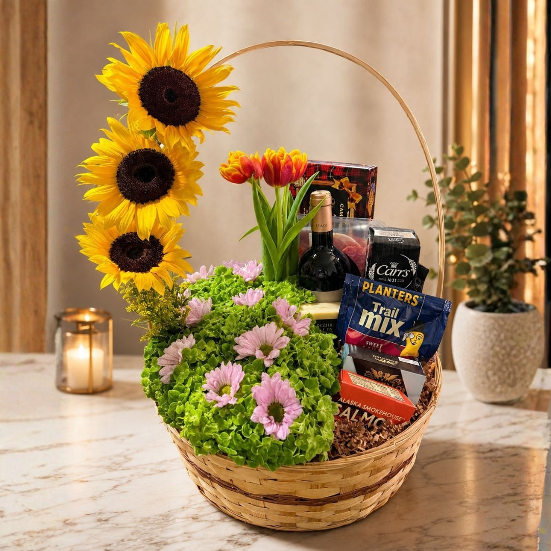 Luxury Charming Harvest – Basket with Wine, Cheese, Meats, Delights & Flowers