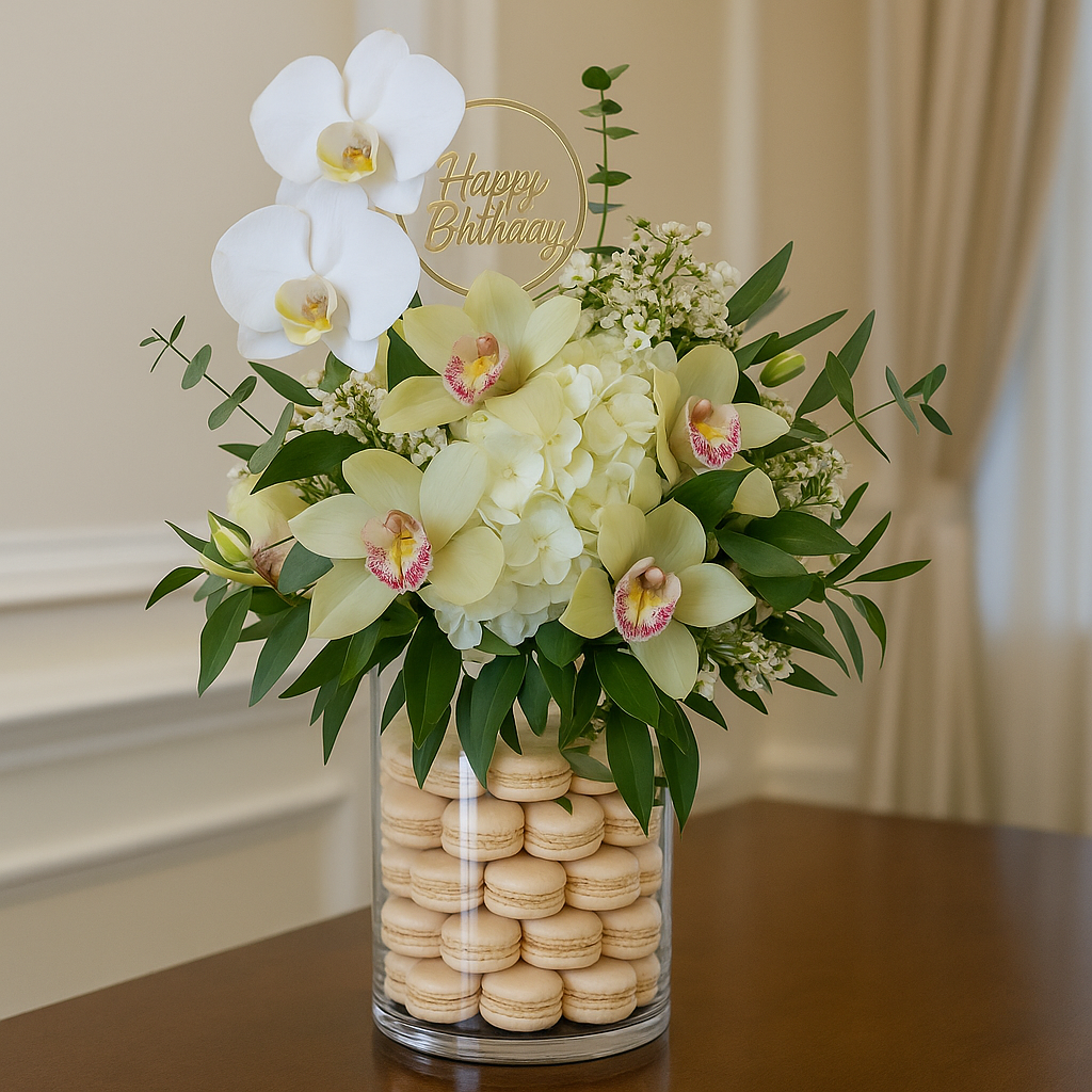 Macaron Bloom Celebration – Crystal Arrangement with Roses, Orchids & Gourmet Macarons