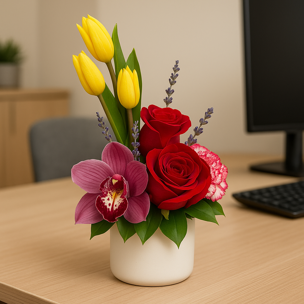 Office Breeze – Floral Arrangement with Tulips, Roses & Orchid