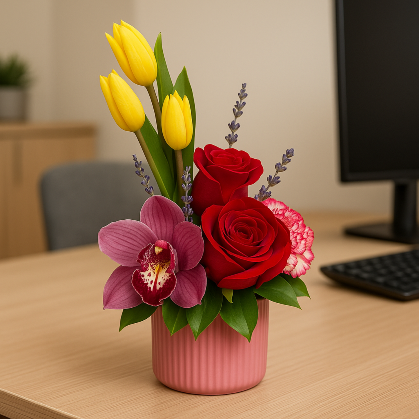 Office Breeze – Arreglo Floral Compacto con Tulipanes, Rosas y Orquídea
