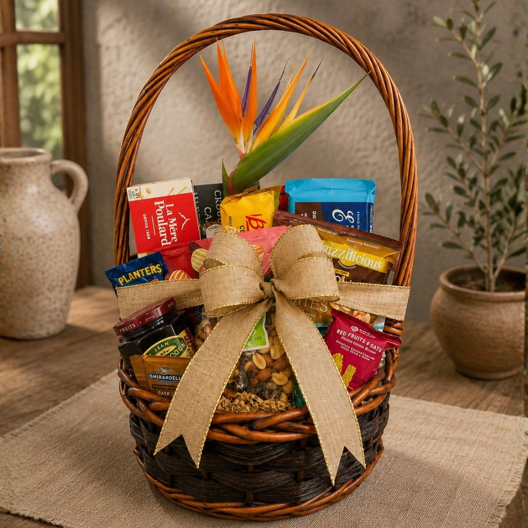 Paradise Gourmet Basket – Canasta Gourmet con Quesos, Carnes y Flor Ave del Paraíso