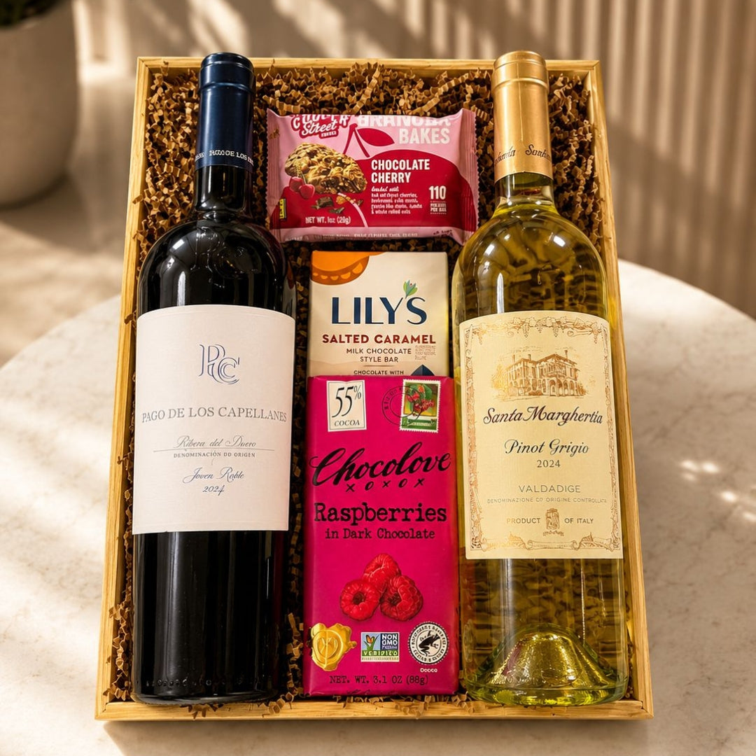 Premium Flavor Duo – Vinos Tinto y Blanco con Chocolate