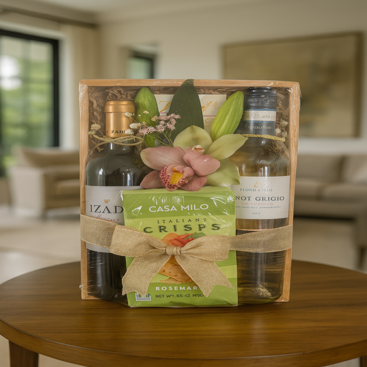 Elegant wine and gourmet box with red & white wine, crackers, chocolate, and floral detail – Zulove