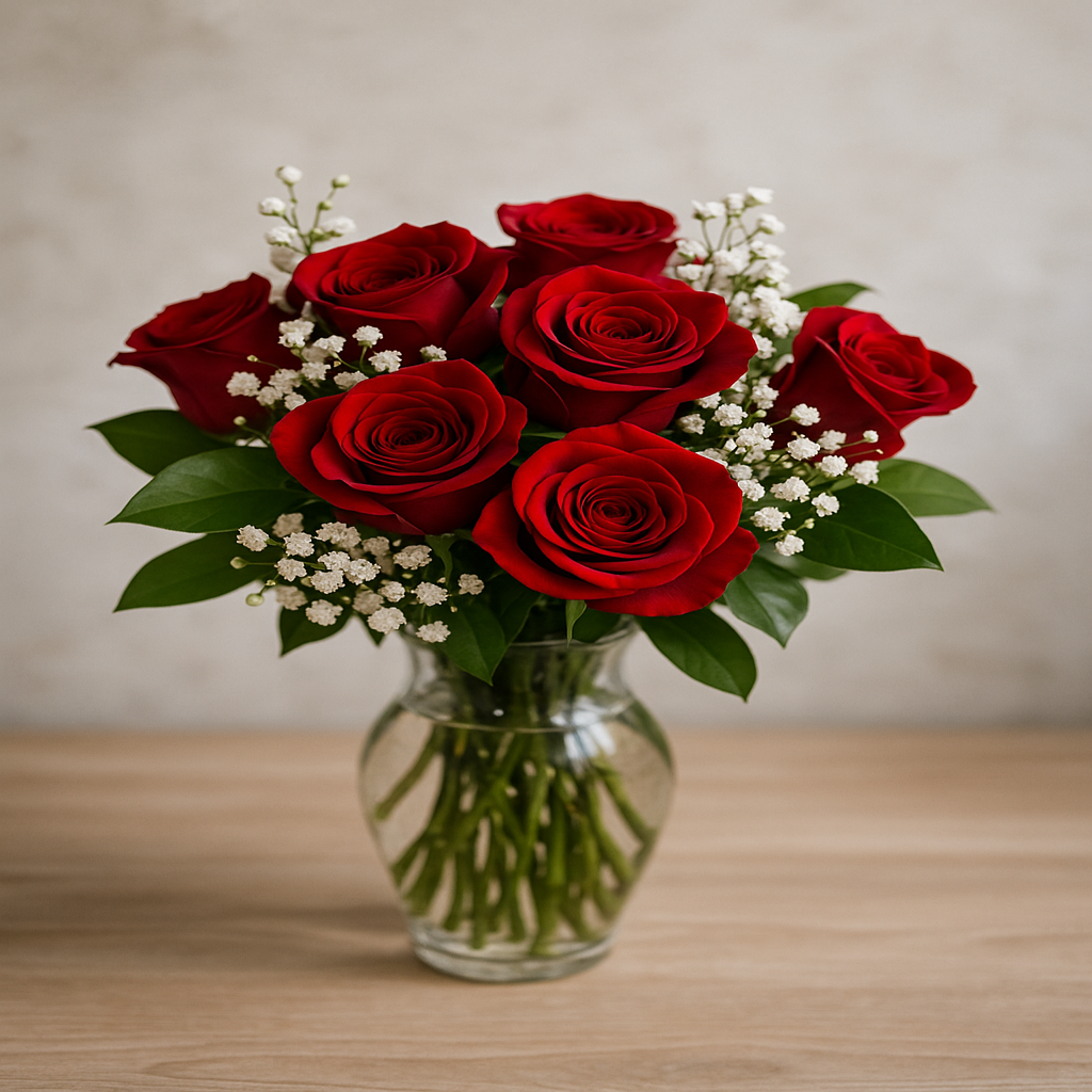 Endless Love in Glass – Rosas en Florero de Cristal con Follaje