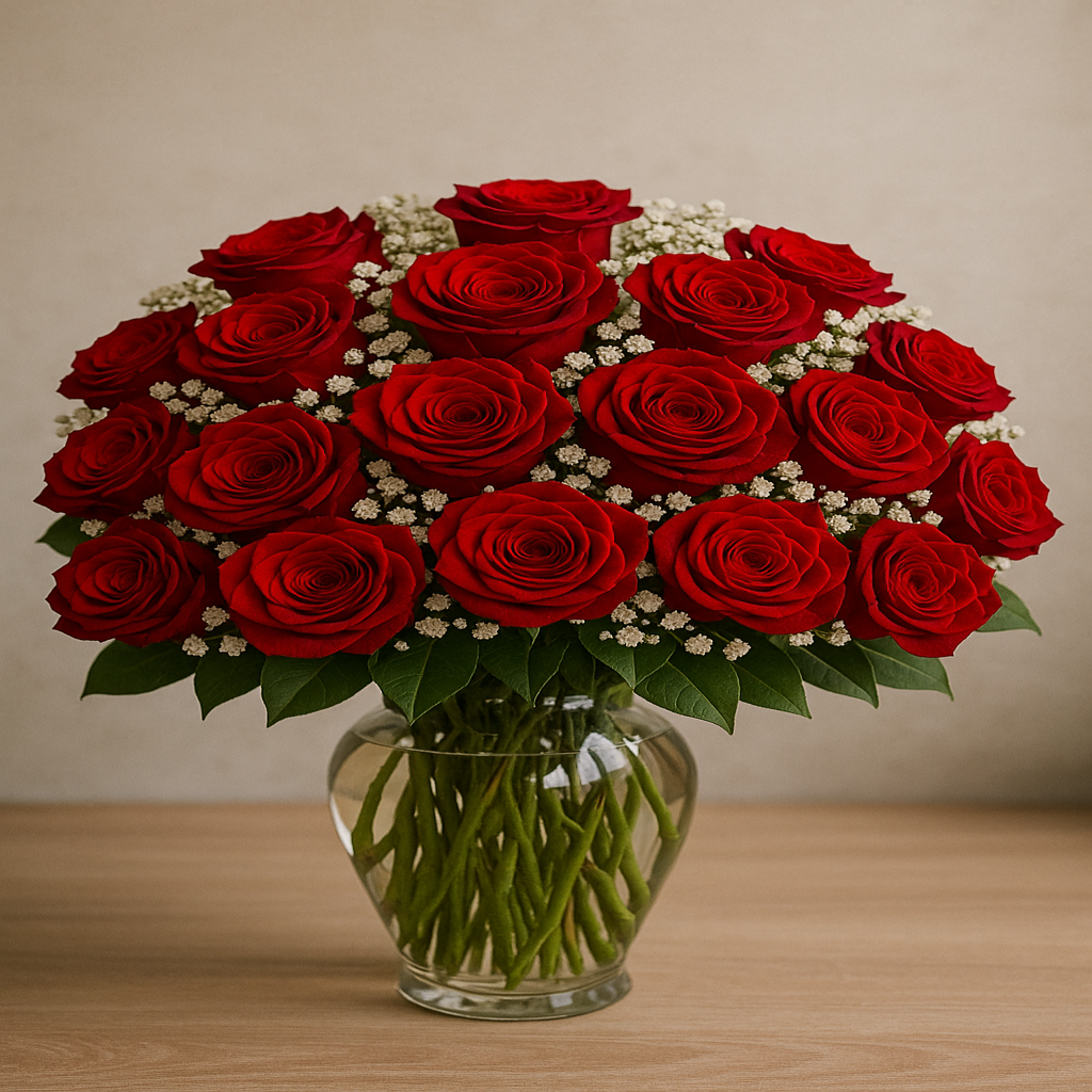 Endless Love in Glass – Rosas en Florero de Cristal con Follaje