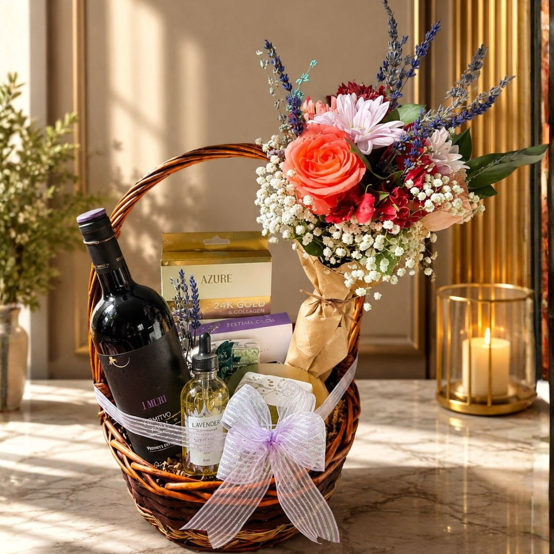 Serenity Lavender Deluxe – Canasta de Vino y Aromaterapia con Lavanda