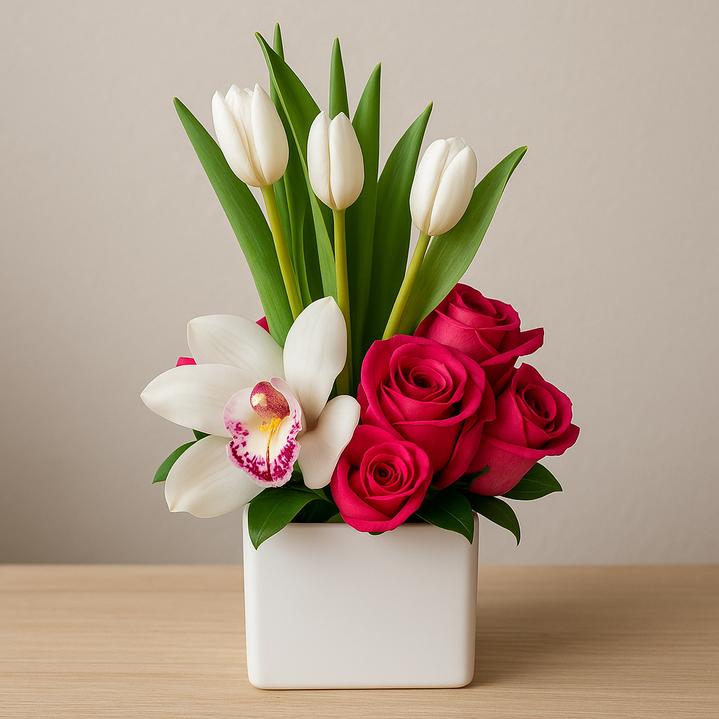 Sublime Touch I – Orchids, Roses & Tulips in Elegant Cube