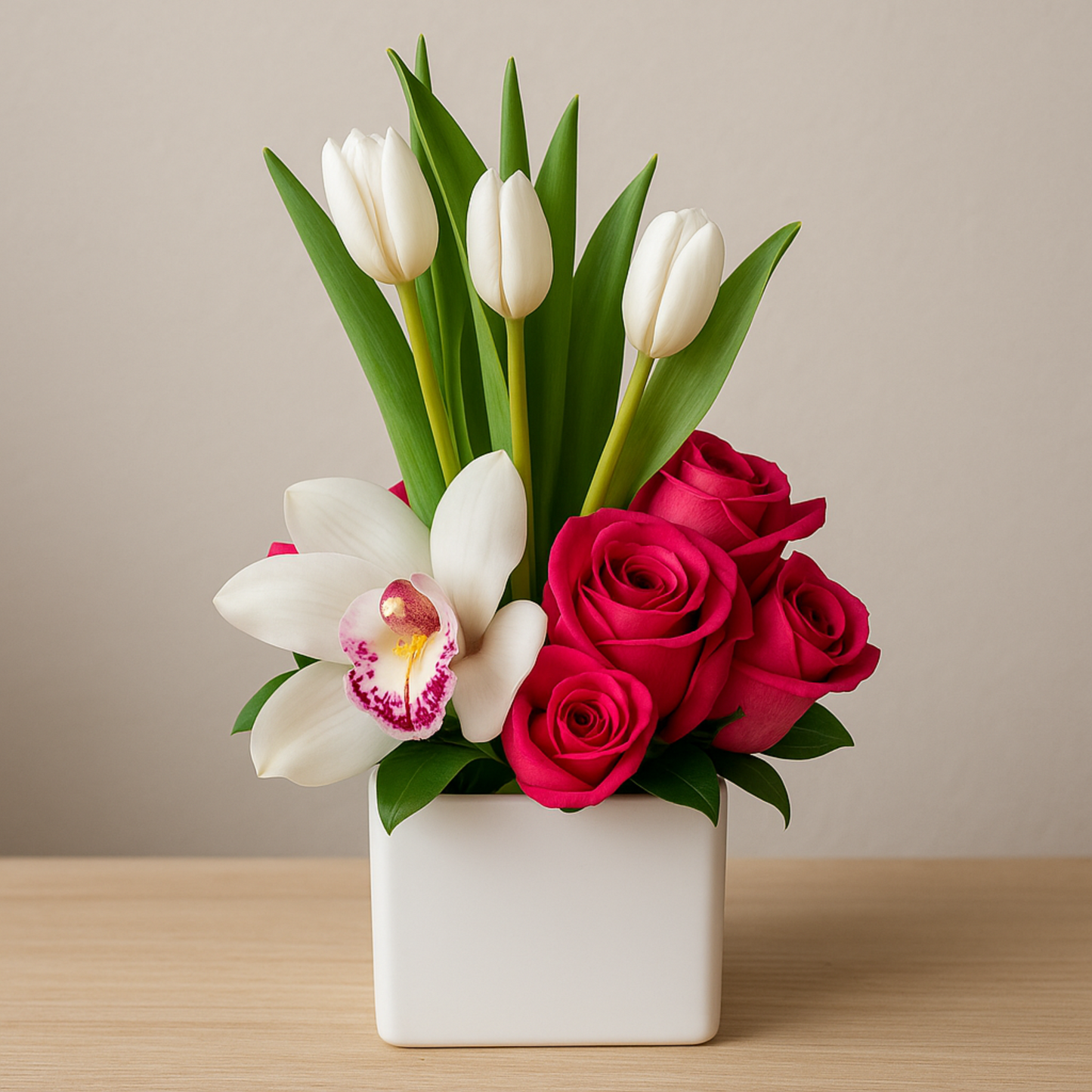 Sublime Touch I – Orquídeas, Rosas y Tulipanes en Base