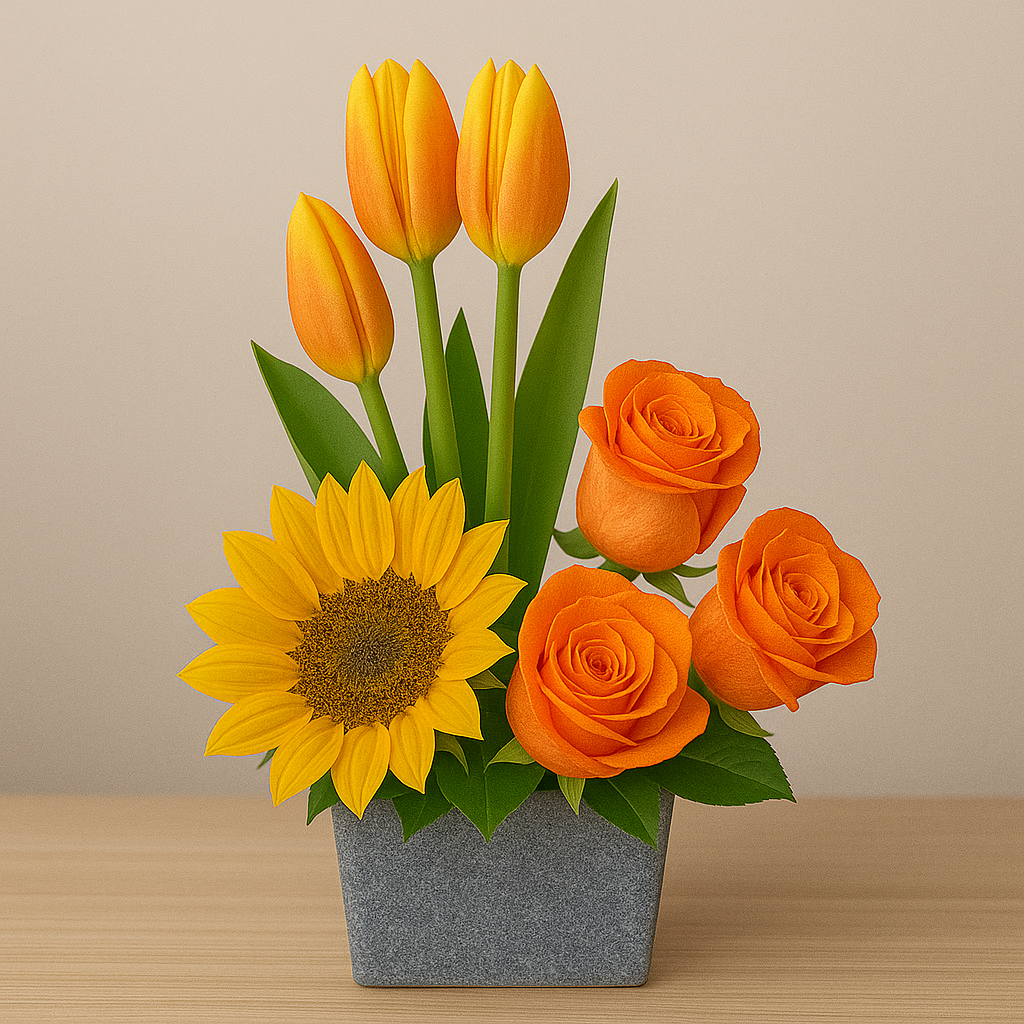 Sublime Touch 2 – Tulips, Roses & Sunflower in Elegant Cube