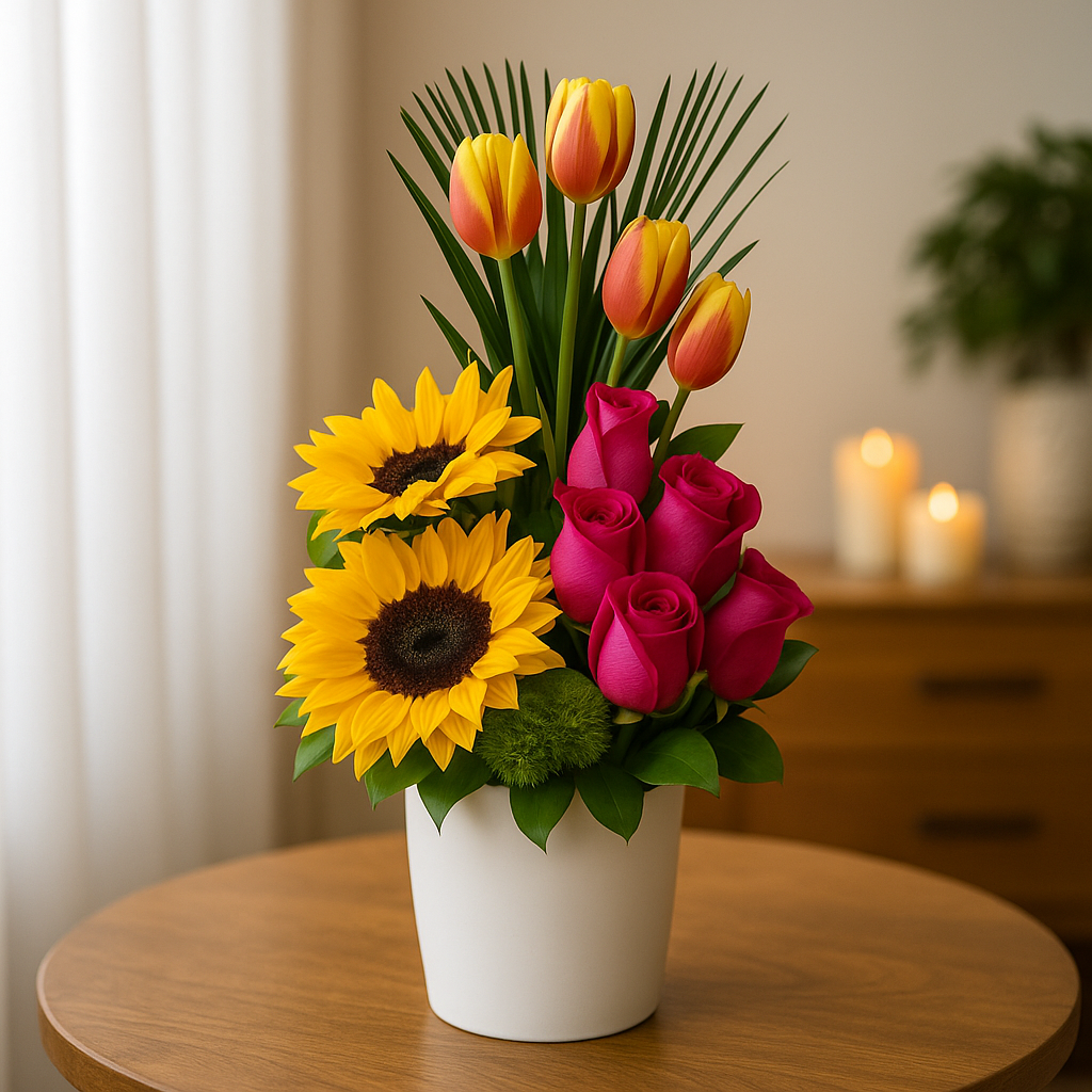 Sublime Touch 3 – Tulips & Sunflowers with Fuchsia Roses