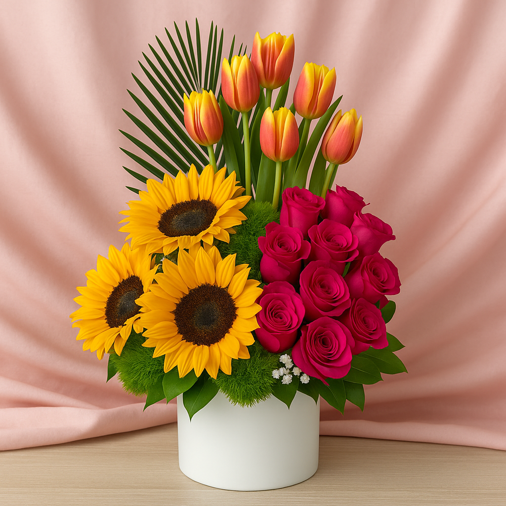 Sublime Touch 3 – Tulips & Sunflowers with Fuchsia Roses