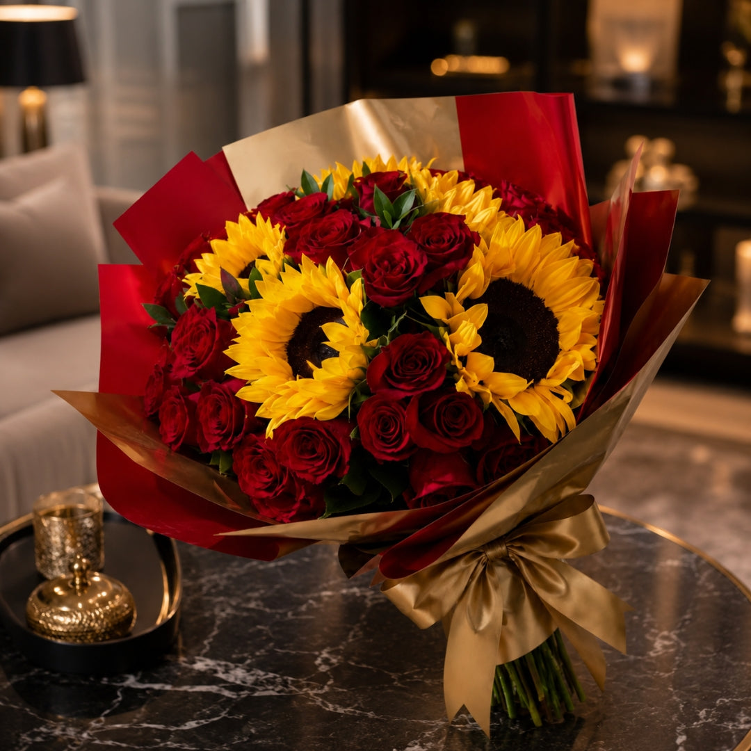sunflower and rose bouquet with elegant wrapping puerto rico