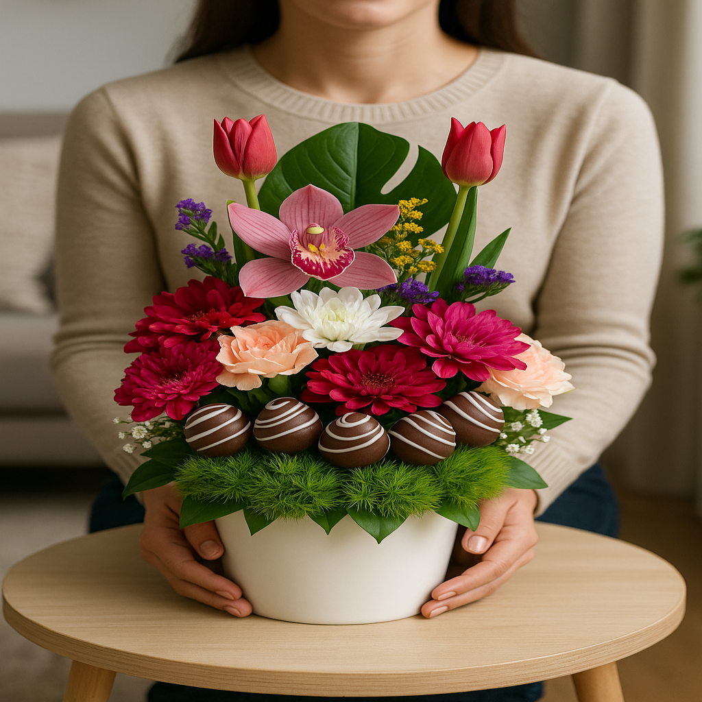 Sweet Charm – Floral Arrangement with Chocolate-Covered Strawberries