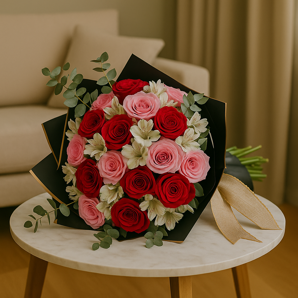 Zulove Charm 1 – Red, Blush Roses & White Alstroemerias