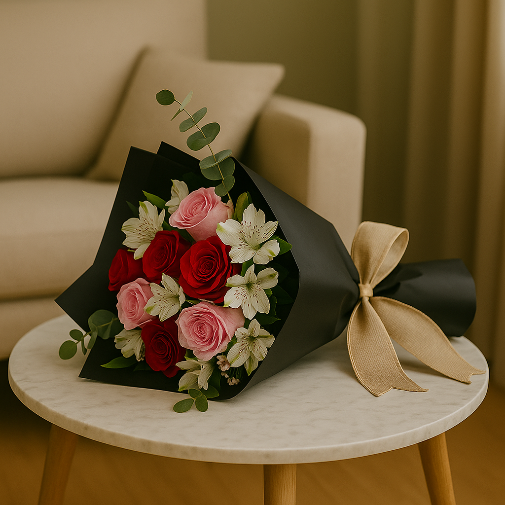 Zulove Charm 1 – Red, Blush Roses & White Alstroemerias