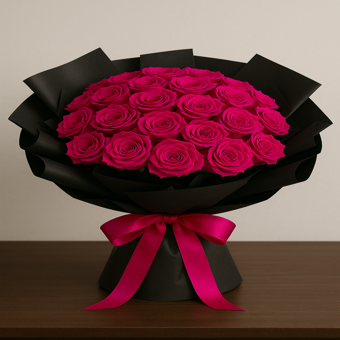 Elegant bouquet of 24 fresh dark Pink roses wrapped in black paper with satin ribbon – personalized romantic gift by Zulove, Puerto Rico.2