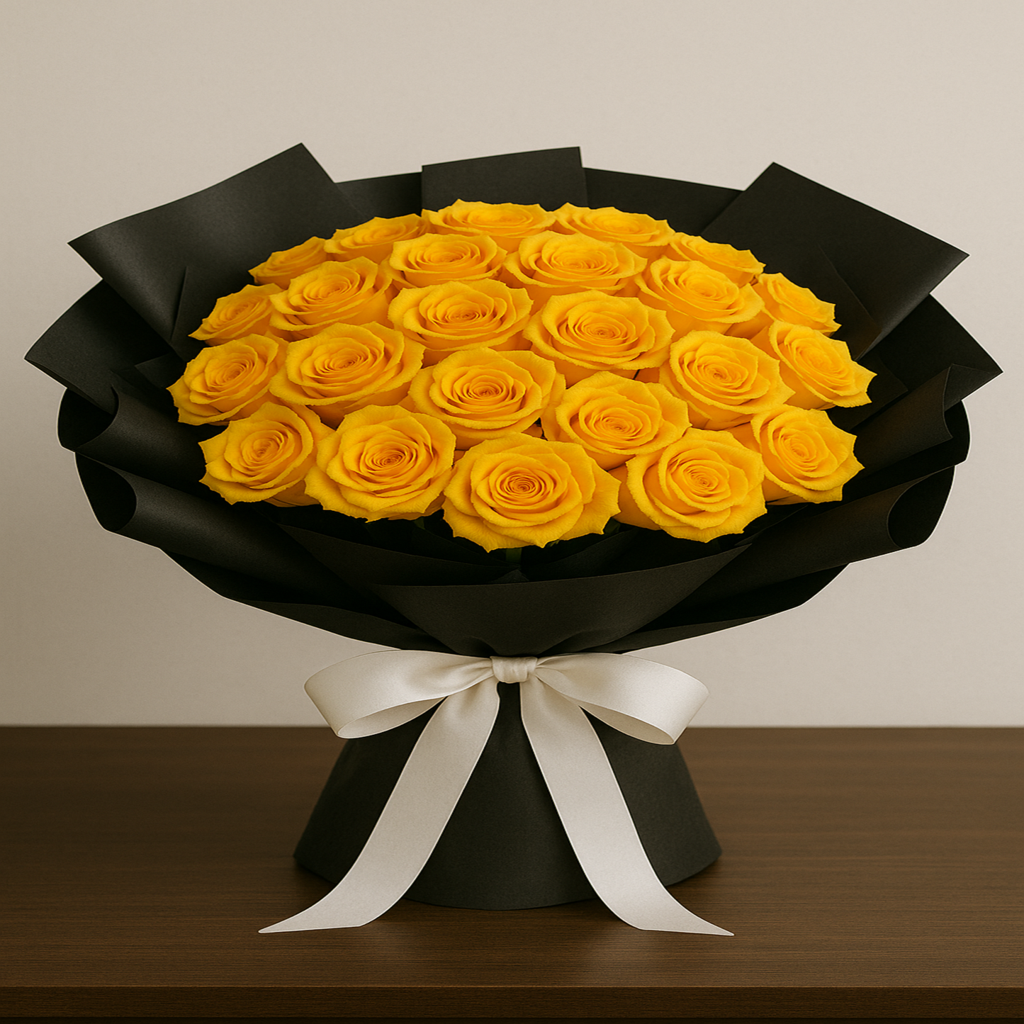 Elegant bouquet of 24 fresh yellow roses wrapped in black paper with satin ribbon – personalized romantic gift by Zulove, Puerto Rico.3