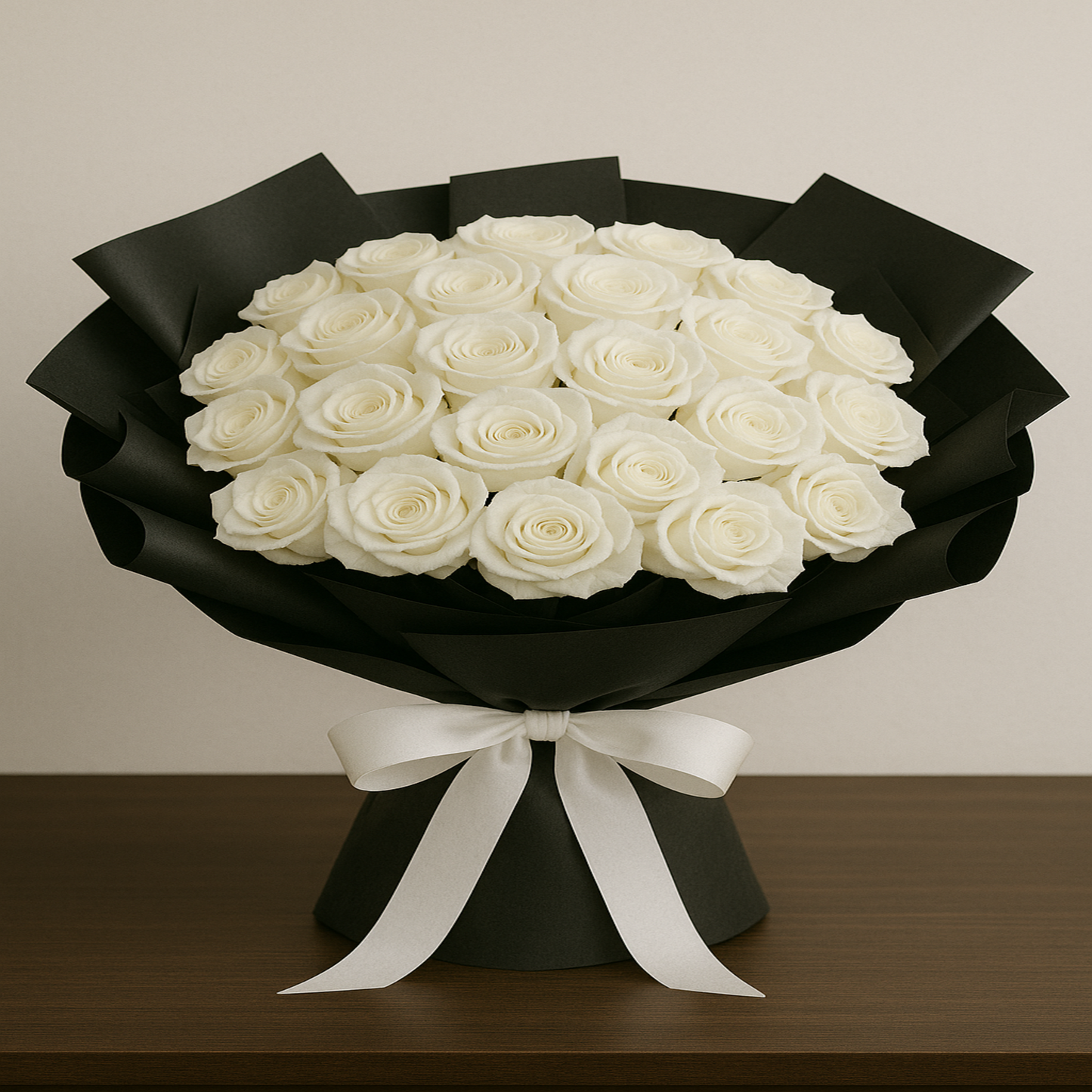 Elegant bouquet of 24 fresh white roses wrapped in black paper with satin ribbon – personalized romantic gift by Zulove, Puerto Rico.4