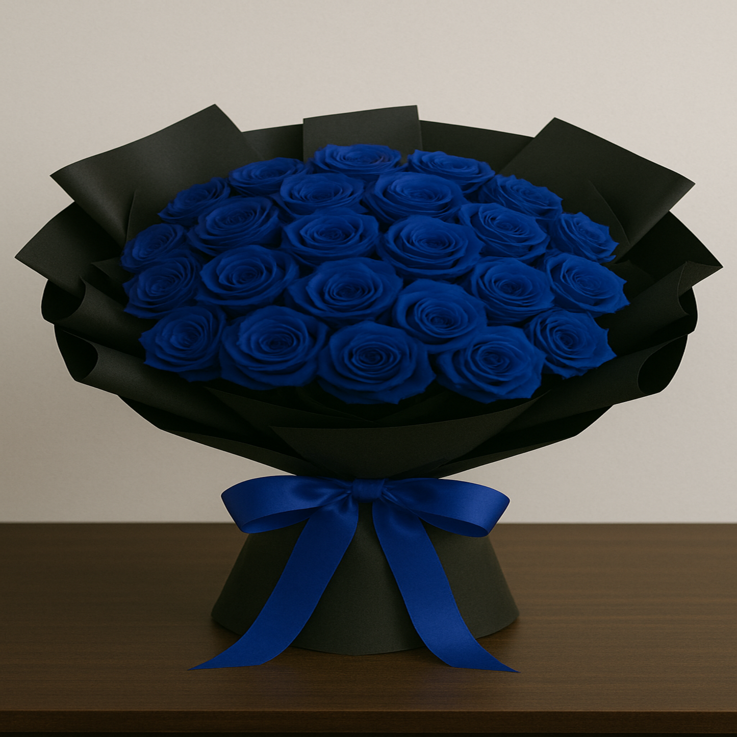Elegant bouquet of 24 fresh royal blue roses wrapped in black paper with satin ribbon – personalized romantic gift by Zulove, Puerto Rico.5