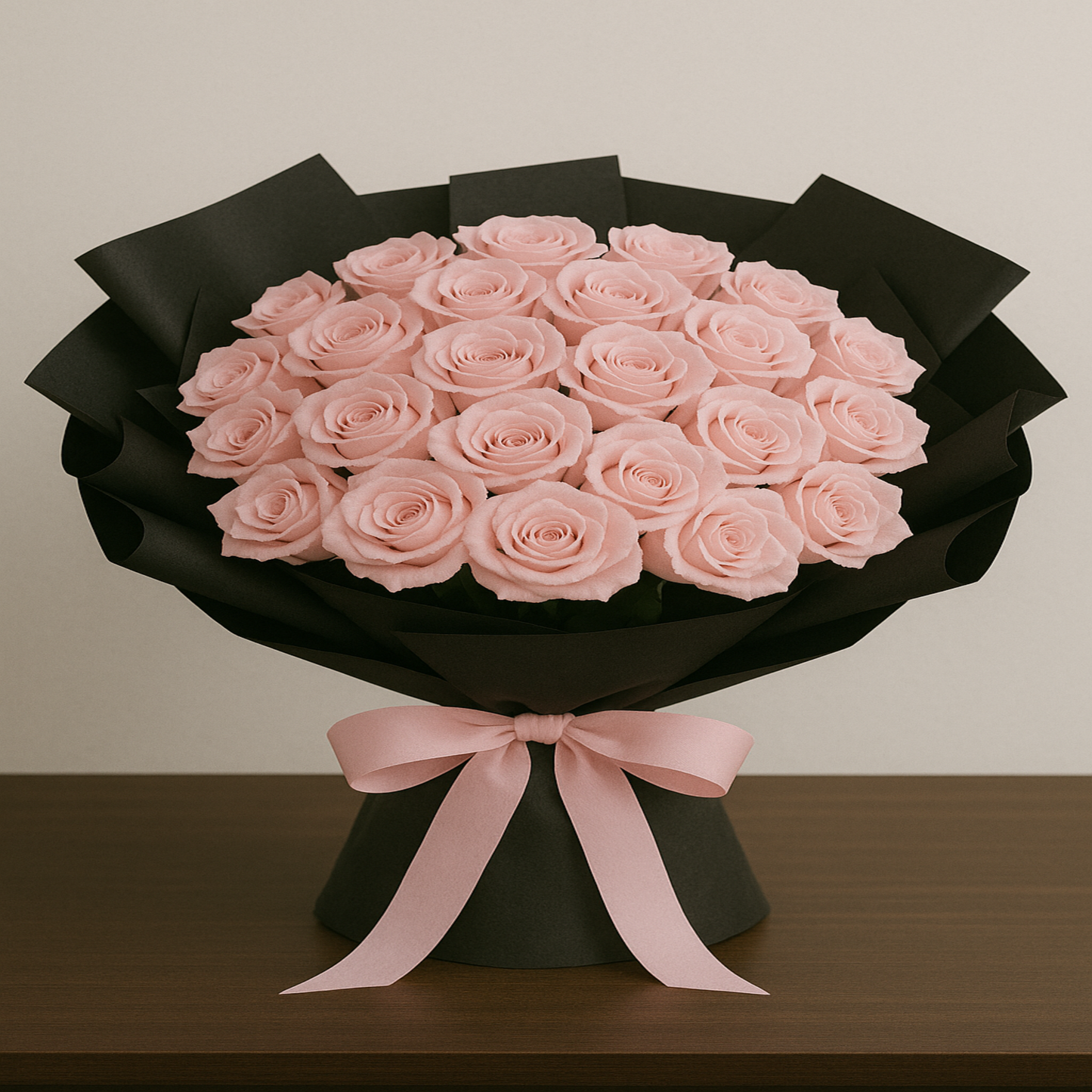Elegant bouquet of 24 fresh light Pink roses wrapped in black paper with satin ribbon – personalized romantic gift by Zulove, Puerto Rico.6