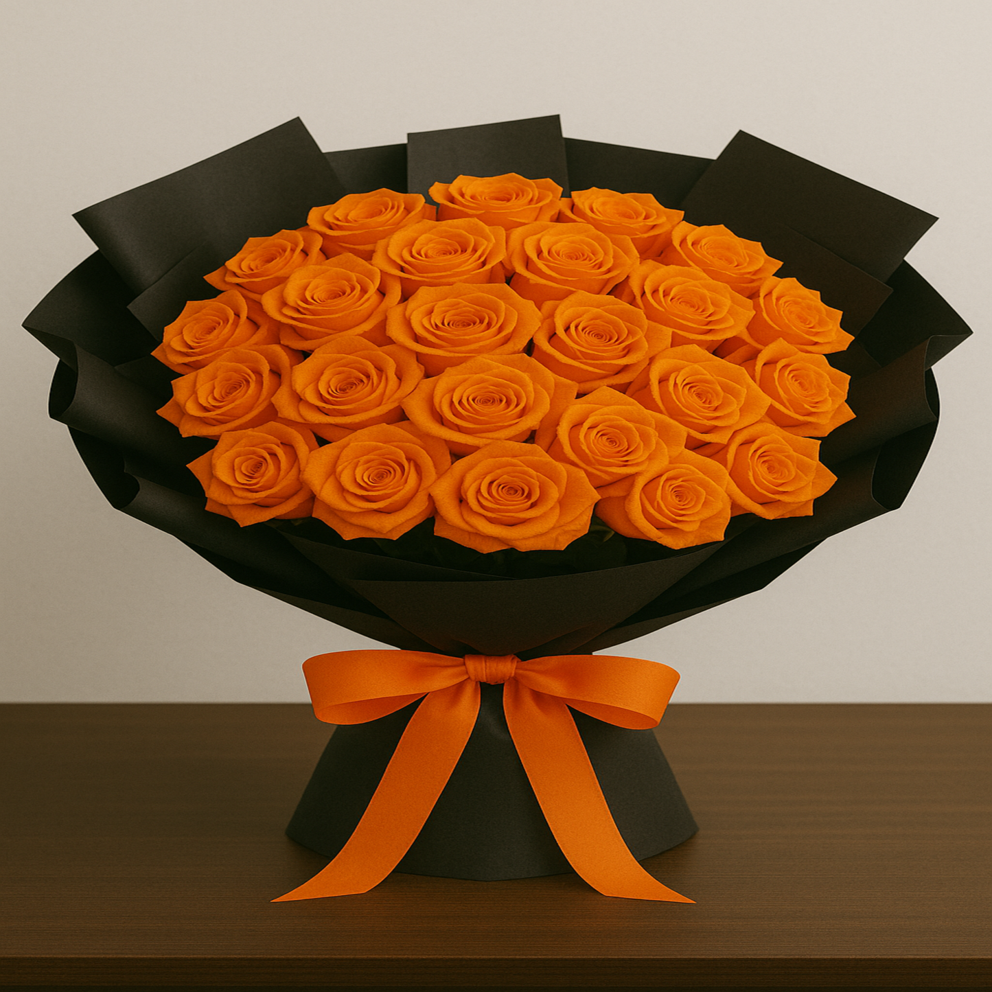 Elegant bouquet of 24 fresh Orange roses wrapped in black paper with satin ribbon – personalized romantic gift by Zulove, Puerto Rico.7