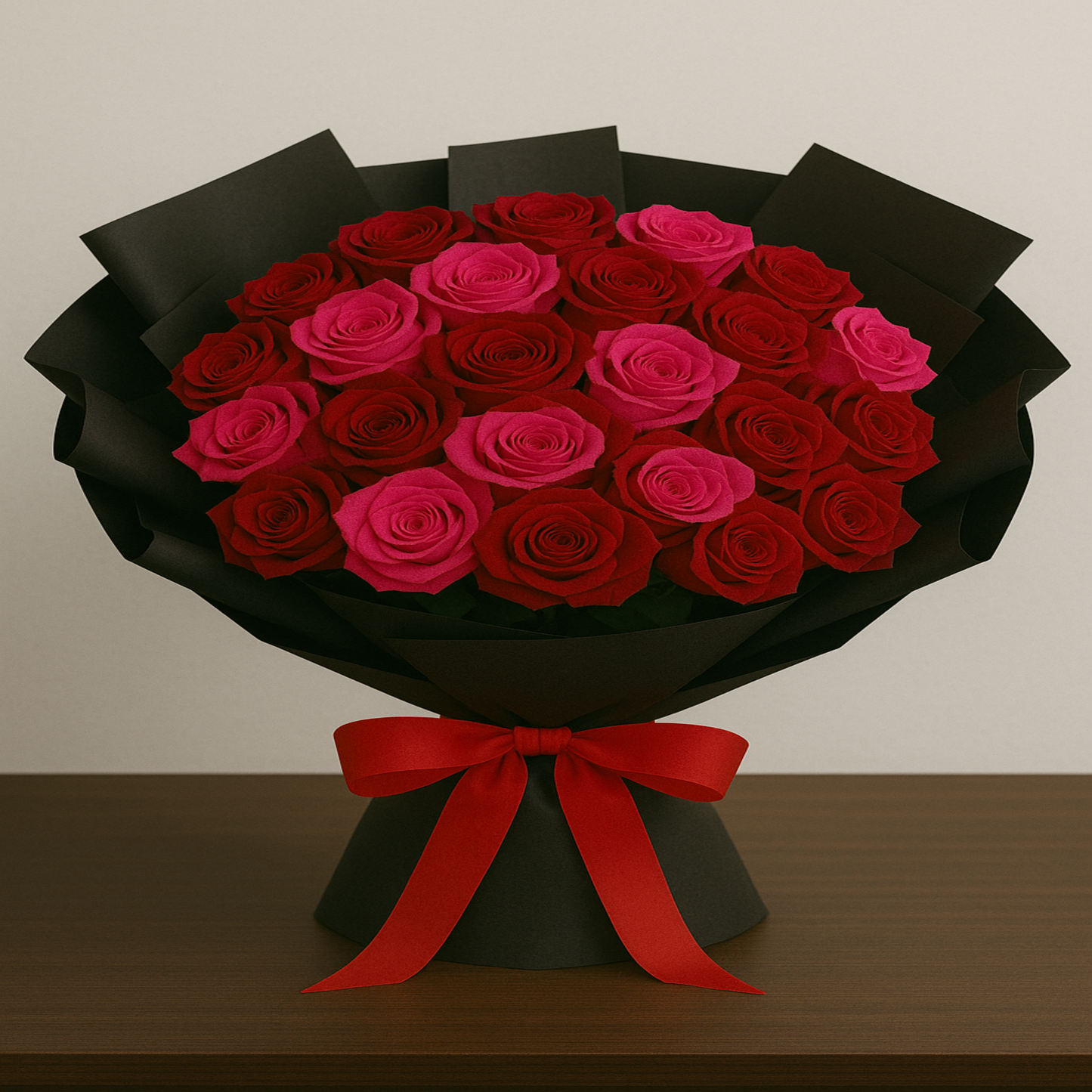 Elegant bouquet of 24 fresh red and pink roses wrapped in black paper with satin ribbon – personalized romantic gift by Zulove, Puerto Rico.8