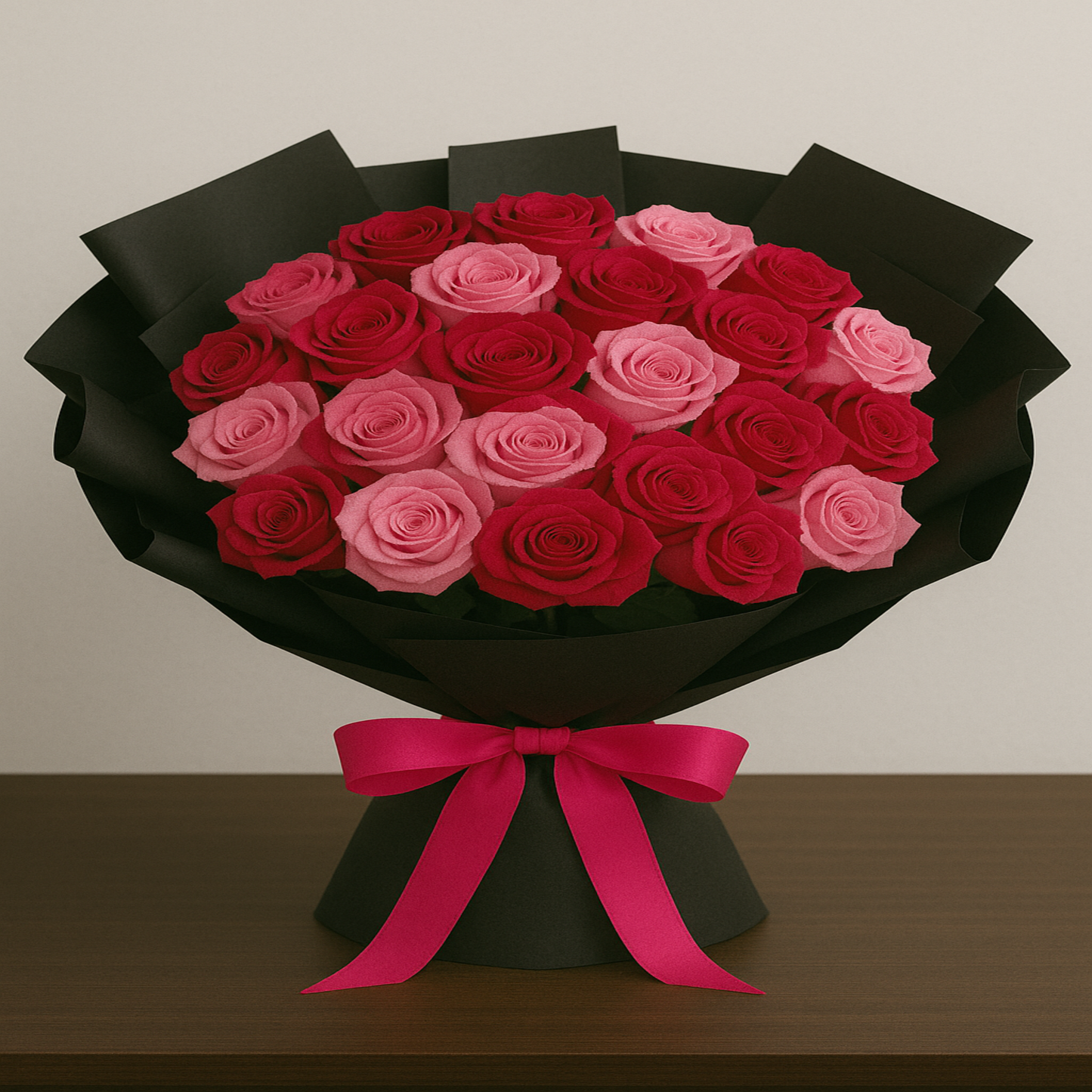Elegant bouquet of 24 fresh light and dark pink roses wrapped in black paper with satin ribbon – personalized romantic gift by Zulove, Puerto Rico.9