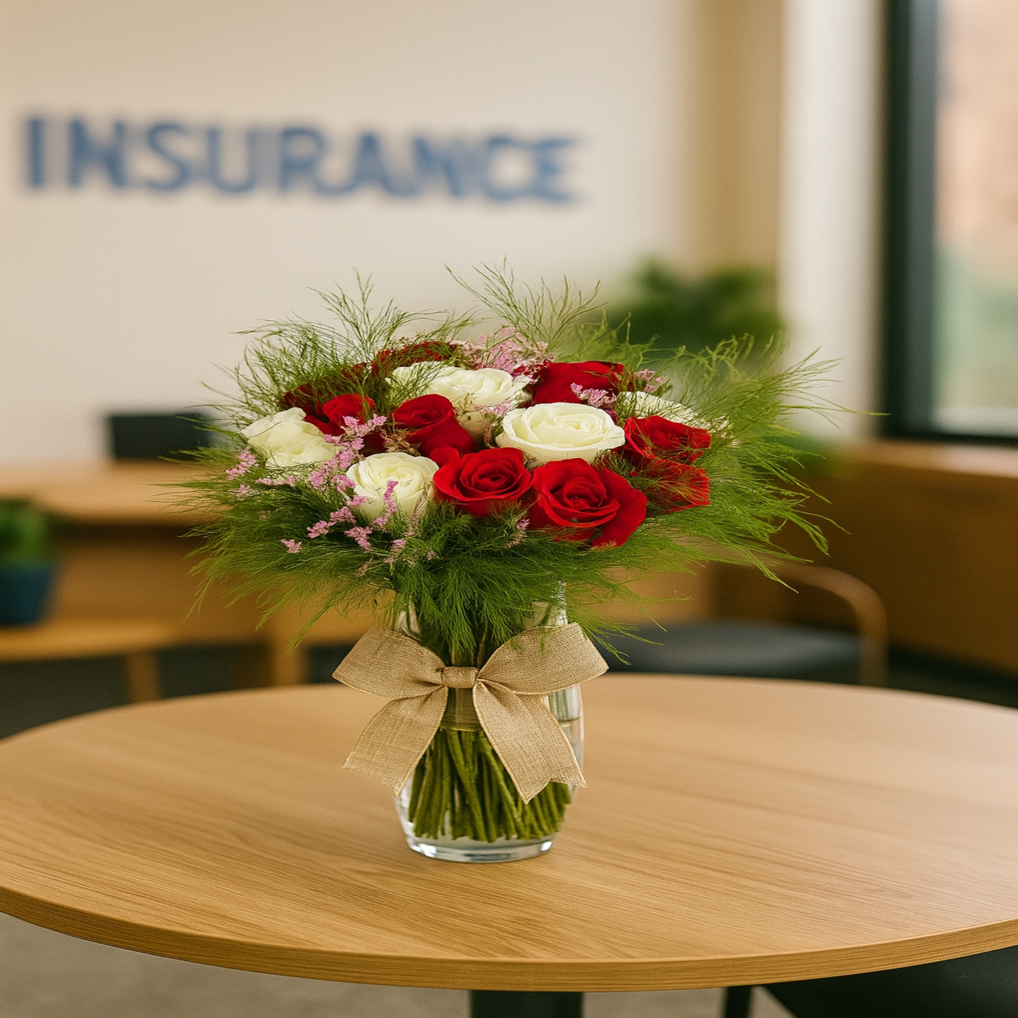 Elegant red and white rose bouquet in glass vase with natural ribbon – Zulove
