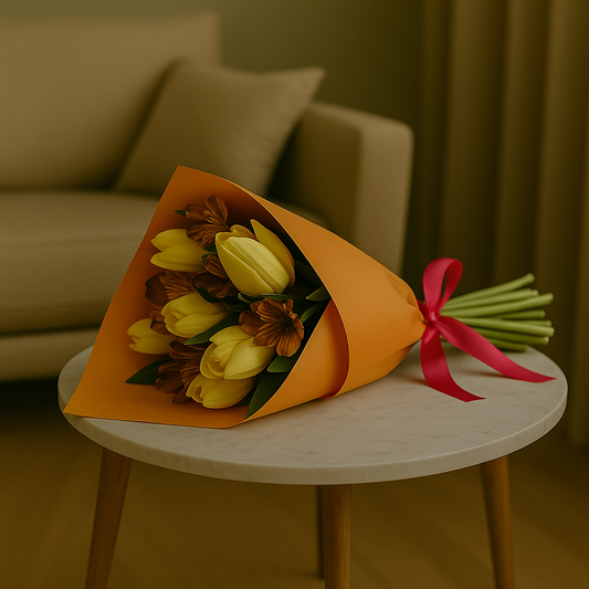 Natural Joy – Tulips & Alstroemerias Wrapped Bouquet