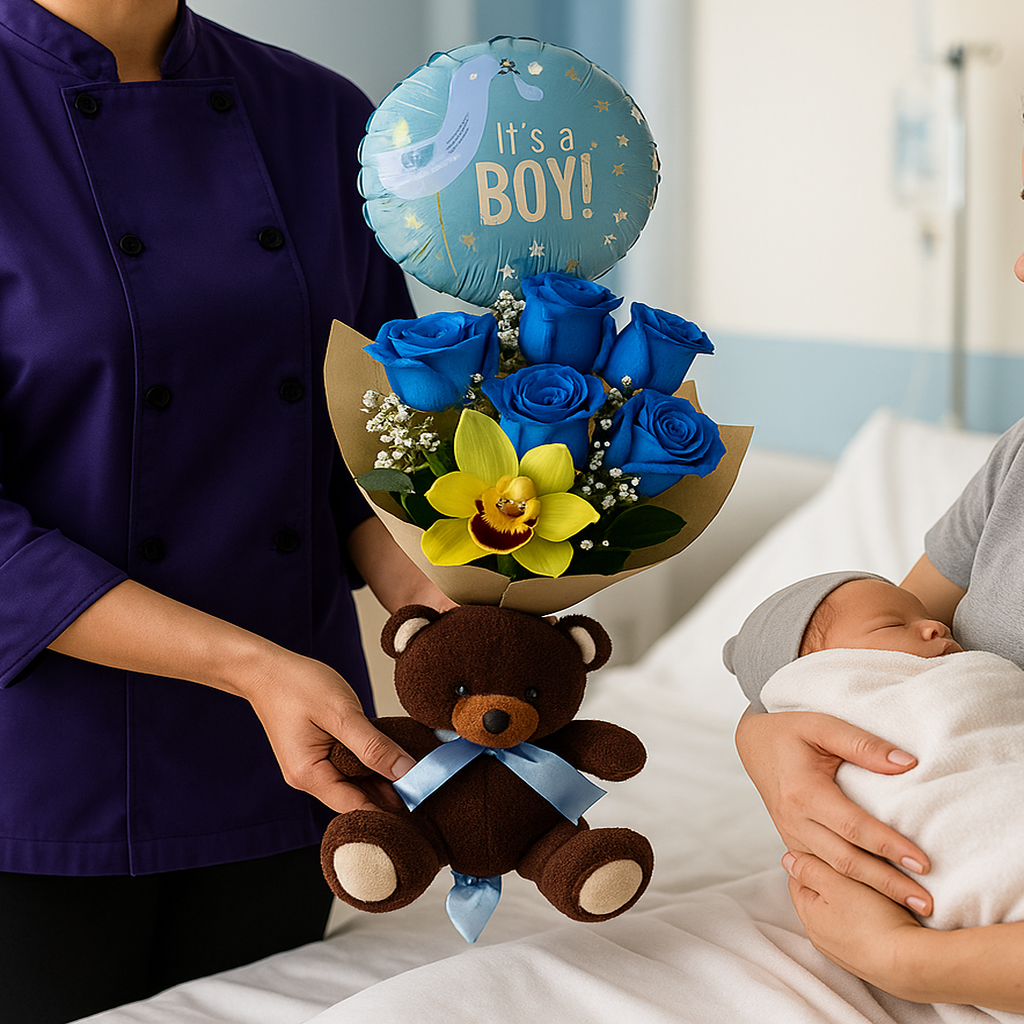 Welcome Baby Bouquet - Roses, Balloon & Teddy