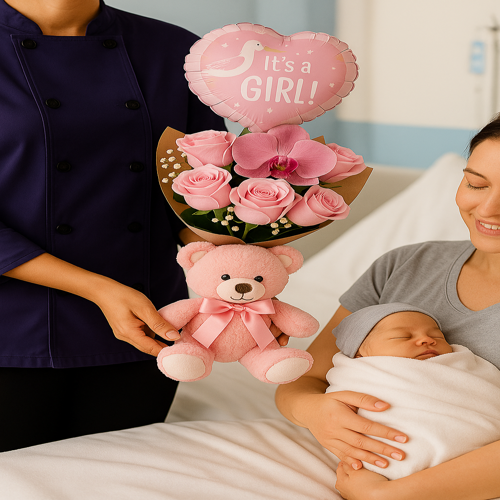 Welcome Baby Bouquet - Roses, Balloon & Teddy