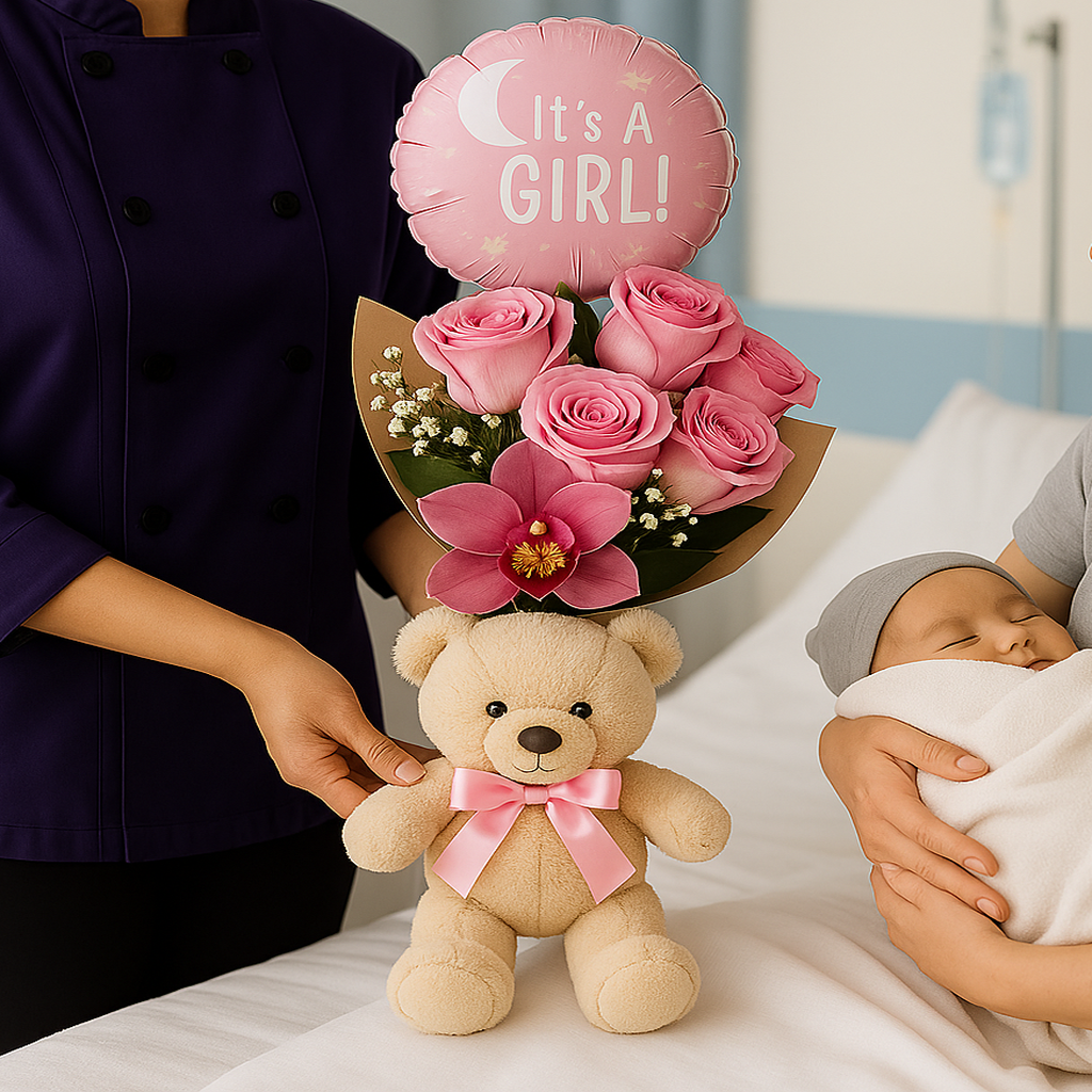 Welcome Baby Bouquet - Roses, Balloon & Teddy