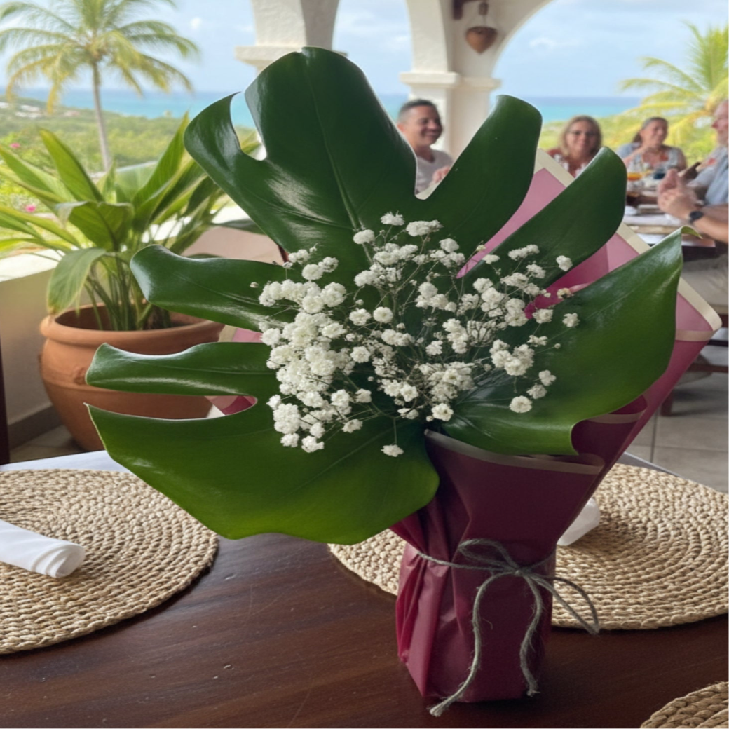 wine bottle wrapped baby breath monstera floral gift zulove puerto rico