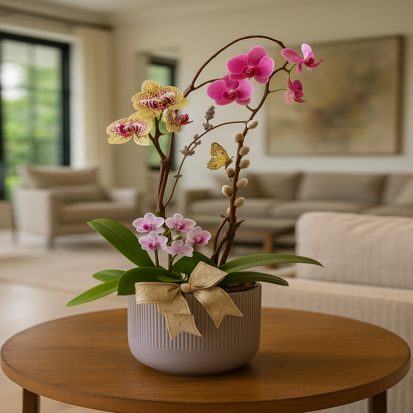 Elegant orchid arrangement in ceramic pot with golden ribbon – Zulove Serenity Bloom in Puerto Rico